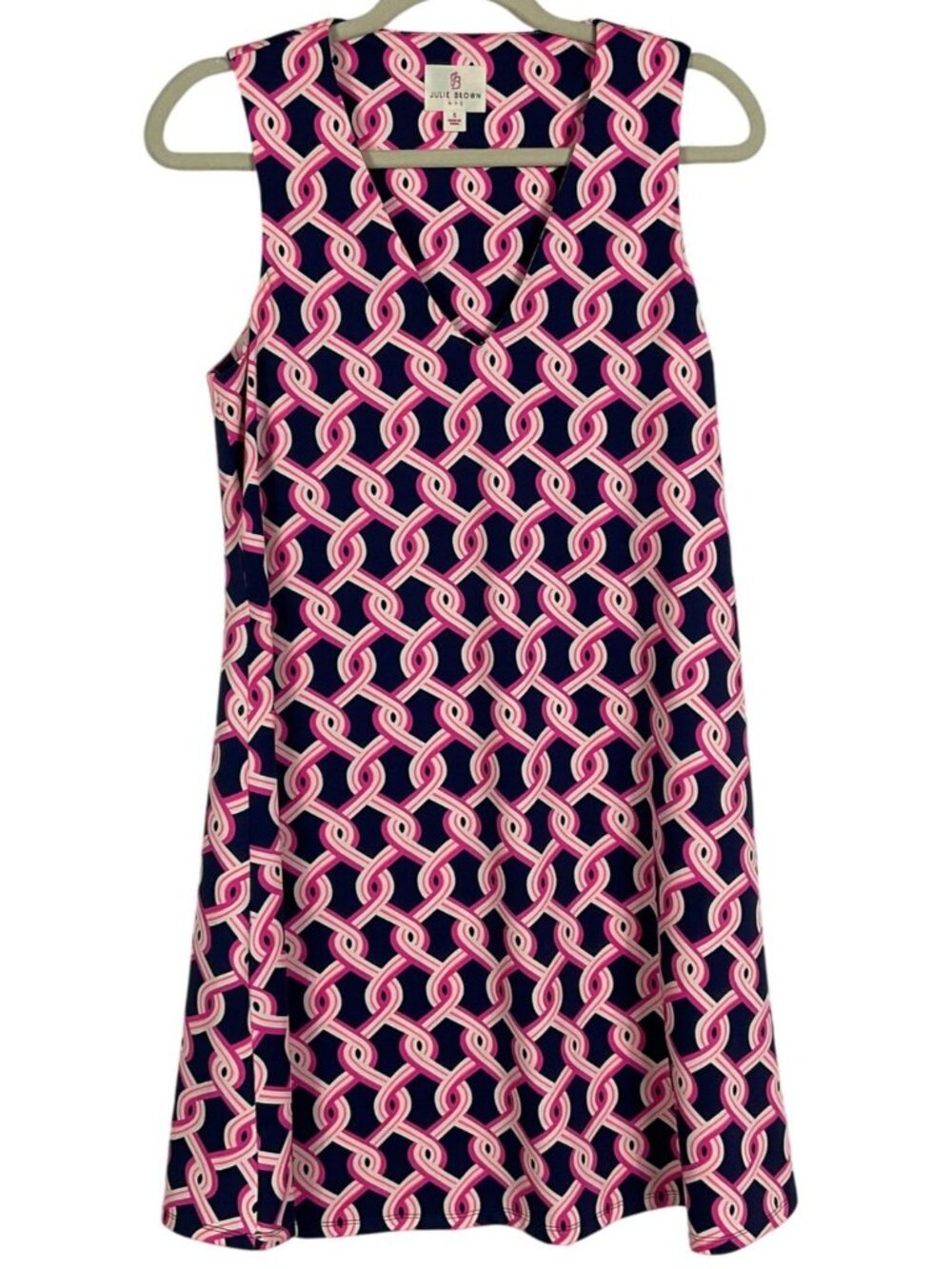 Julie Brown NYC Geometric Chain Print Shift Dress Pink Navy V Neck Size Small